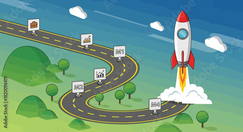 Road to success with rocket launch isolated on journey with milestones, challenges, and achievements towards bright future