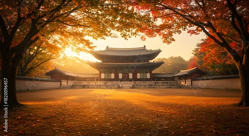 Autumnal temple sunrise landscape