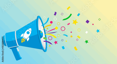 Exciting announcement megaphone with rocket icon blasting confetti, symbolizing launch, promotion, and celebration, isolated on
