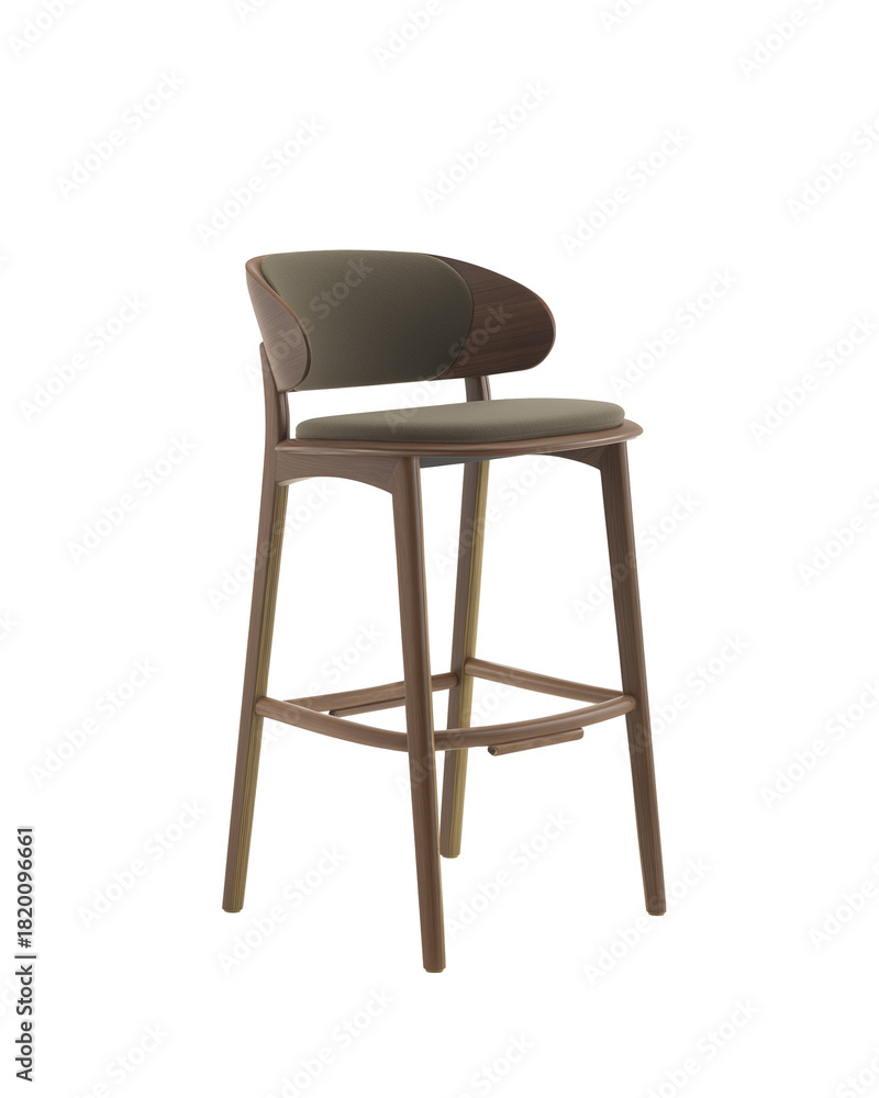 Fototapeta premium Modern bar stool with dark wood frame and upholstered seat on transparent background