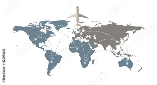 Global air travel and connectivity isolated on world map with airplane and flight paths for international business and tourism
