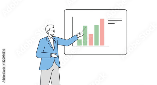 Businessman is presenting bar chart on whiteboard, pointing to specific bar isolated on he is explaining the data and insights