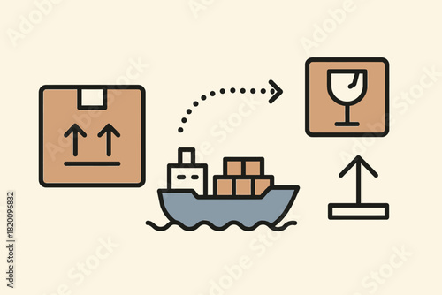 minimal shipping icon scene showing cargo box container ship delivery arrow tracking path fragile box and export symbol Flat colors crisp lines no textures simple geometry