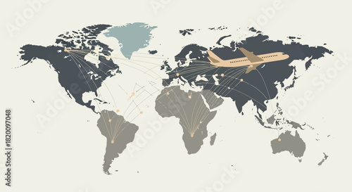 Global air travel routes and connections, showcasing international flights and aviation network, isolated on