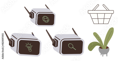 Wireless tech devices with globe, lightbulb, magnifying glass interfaces plant and basket nearby. Ideal for innovation, IoT, connectivity, research, e-commerce sustainability modern design. Minimal