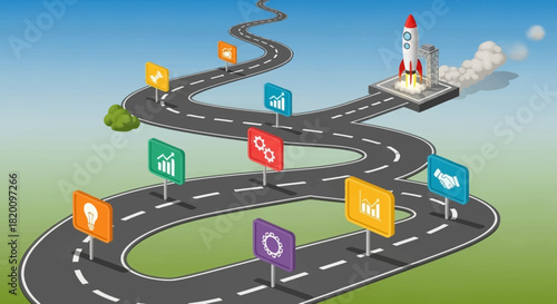 Wallpaper Mural Road to success and business growth rocket launch on winding road with business icons startup, strategy, development, achievement and goal Torontodigital.ca