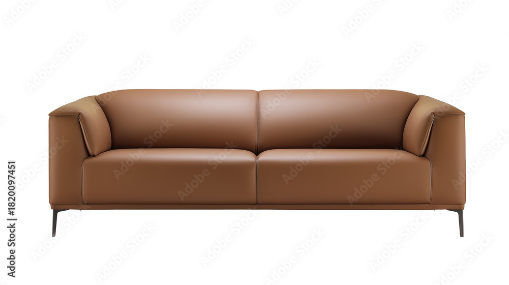 Obraz premium Modern minimalist two-seater brown leather sofa with metallic legs on transparent background