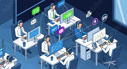 Isometric call center with customer service agents wearing headsets working on computers, providing support and assistance in modern office environment