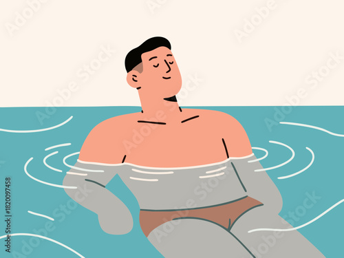 A simple illustration of a man relaxing in warm water.