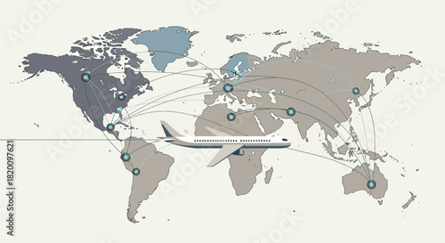 Airplane flying over world map, representing global travel and international business, connecting continents and cultures, symbolizing trade and tourism, isolated on