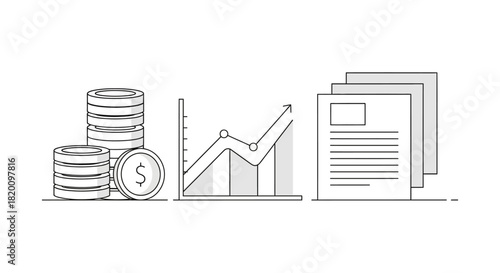 Financial growth and document management concept with coins, rising graph, and paperwork, isolated on
