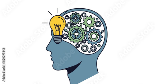 Creative thinking concept head silhouette with gears and light bulb, representing ideas, innovation, and mental processes, isolated on