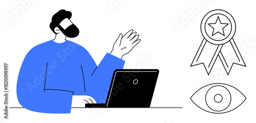 Male figure waving beside laptop, showcasing connectivity and engagement, accompanied by award for achievement and eye for focus. Ideal for recognition, communication, productivity, quality, trust