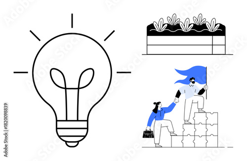 Light bulb for innovation, plants in soil for growth, and teamwork climbing blocks for collaboration. Ideal for creativity, leadership, problem-solving, teamwork, sustainability, progress learning