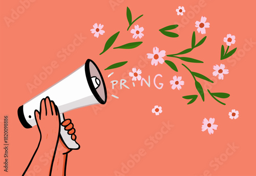 Spring Announcement with Hand Holding White Megaphone and Flowers