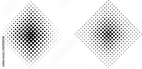 Diamond-shaped halftone pattern showing clarity and precision, dot size decreasing from center outward. Clean geometry, balanced symmetry, minimalist style, black or blue tone, EPS 10 vector ready.