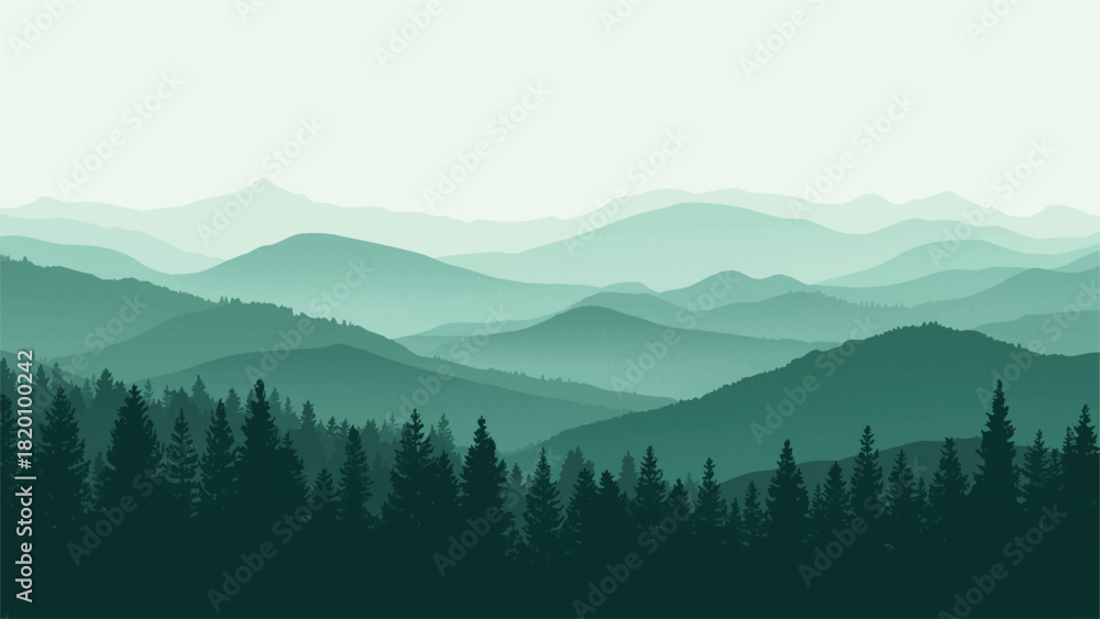Fototapeta premium Layered green mountains and silhouetted forest landscape peaceful and serene