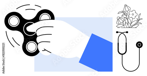 Hand spinning fidget toy, stethoscope beside blooming flowers. Ideal for wellness, stress management, mental health, relaxation, mindfulness, health care focus. Simple flat metaphor