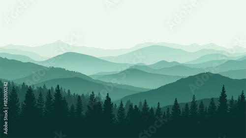 Layered green mountains and silhouetted forest landscape peaceful and serene