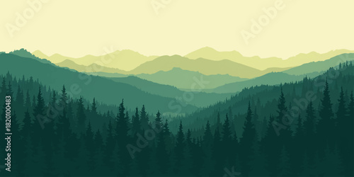 Layered forest landscape with silhouetted trees and distant mountains