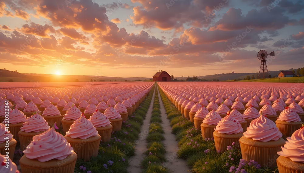 Fototapeta premium cupcake field landscape with sunrise windmill and house fantasy