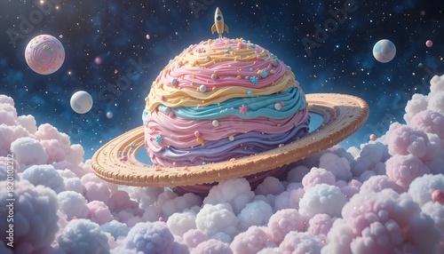 fantasy dessert planet with rocket and candy clouds in space