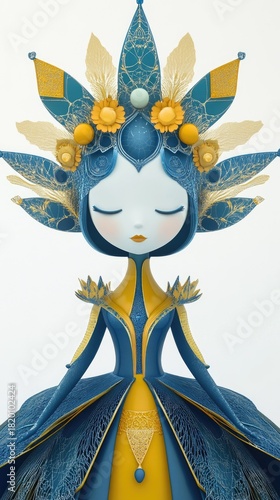 Elegant Figurine with Elaborate Headdress in Vibrant Colors and Intricate Details against a Soft Background