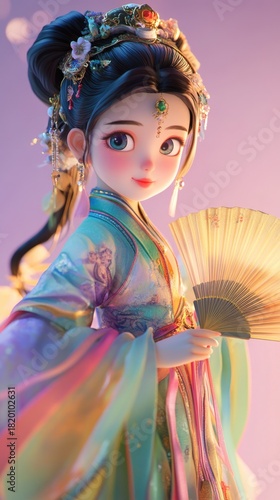 Elegant young woman in traditional Eastern attire holding a fan against a dreamy colorful background