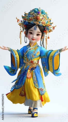 Colorful Traditional Chinese Fantasy Character in Elegant Costume with Intricate Details and Playful Pose
