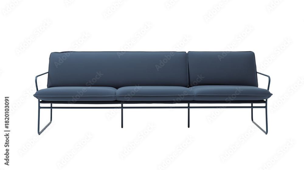 Fototapeta premium Modern minimalist sofa with dark blue upholstery and gray frame on transparent background