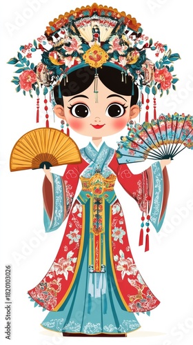 Traditional Chinese Girl in Colorful Attire Holding Fans in a Vibrant Cultural Costume