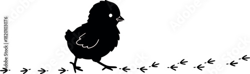 Cute Small Black Chick Standing on Decorative Dotted Line in Minimalist Style