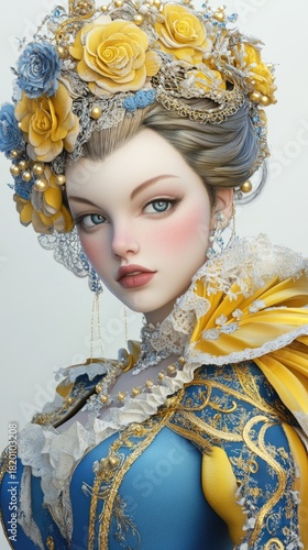 Elegant Lady in Historical Costume with Floral Accents and Intricate Dress Design