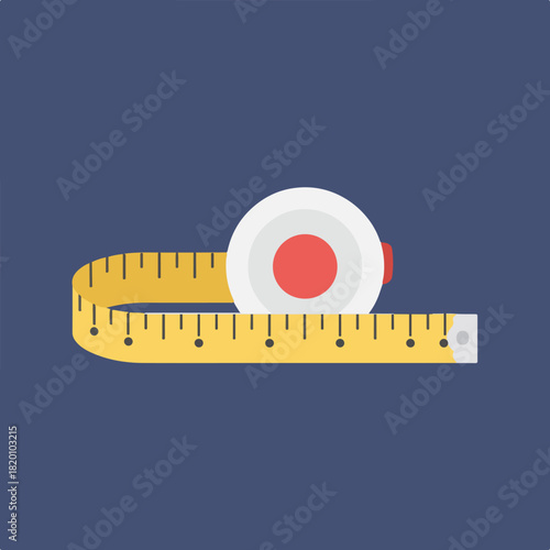This illustration features a yellow retractable tape measure with a white and red case on a blue background, often used for sewing or measuring dimensions.