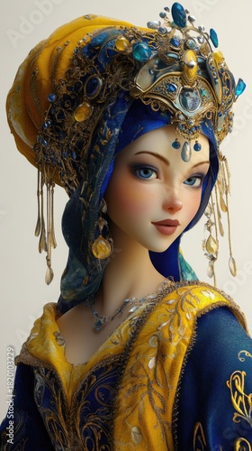 Elegant portrait of a woman in ornate attire with intricate jewelry and vibrant blue and yellow fabric