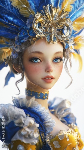 Elegant Young Woman with Blue and Yellow Feathered Headpiece and Intricate Costume in Fantasy Style Portrait