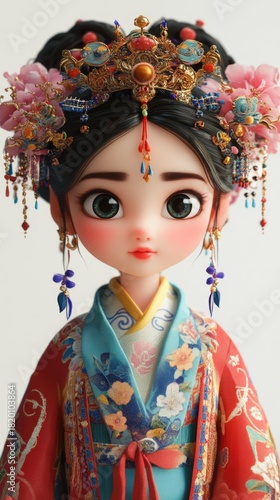 Beautifully Crafted Doll in Traditional Chinese Attire with Exquisite Accessories and Intricate Details