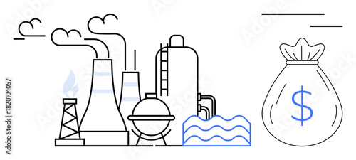 Factory with chimneys, smoke, fuel processing, wave elements, and a money bag. Ideal for economy, industry, environment pollution energy sustainability manufacturing. Simple flat metaphor