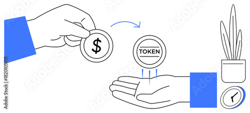Hand passing dollar coin to another hand receiving token, blue accents, clock and plant. Ideal for finance, blockchain, cryptocurrency, digital economy, investment, trade commerce simple flat