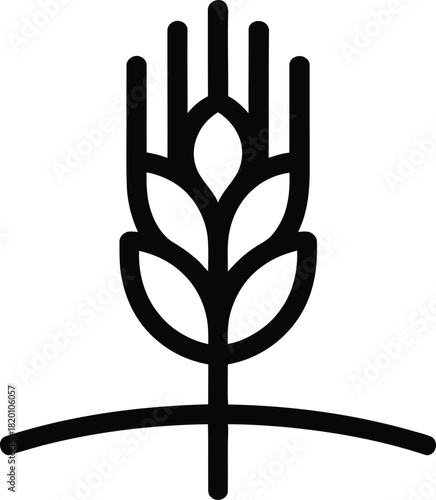 Minimalist black and white icon of a wheat stalk on a curved line Keywords: wheat, grain, agriculture, food, harvest, bread, cereal, organic