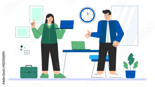 Office teamwork with multicultural employees Flat Vector Illustration