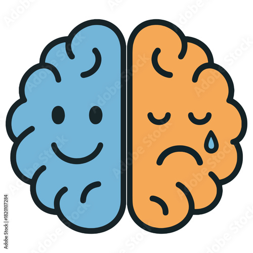 brain split into happy and sad sides, symbolizing bipolar disorder, emotional shifts, and mental health awareness