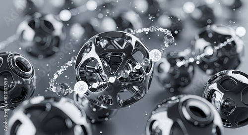 Fototapeta Naklejka Na Ścianę i Meble -  Abstract 3d rendering of metallic, complex molecular structure or atom with orbiting particles in a futuristic science concept