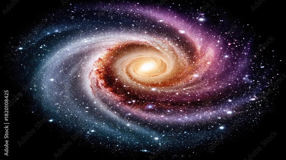 Fototapeta premium A vibrant, colorful spiral galaxy with a bright central core, swirling arms filled with stars, and nebulae in shades of purple, blue, and orange against a black