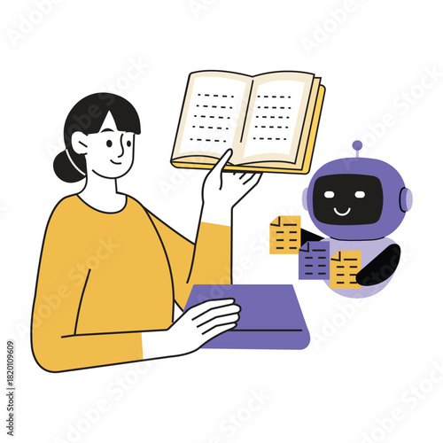 LLM training and machine learning vector.Woman interacting with ai robot, processing information from a book, symbolizing modern learning, education, and technology. 

