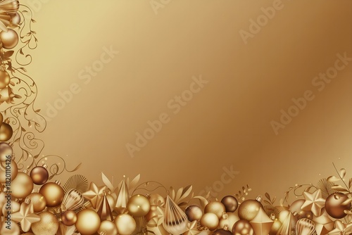 A refined festive artwork with soft golden tones, asymmetrical ornament clusters, and delicate vines against a smooth gradient background, creating an elegant holiday frame.