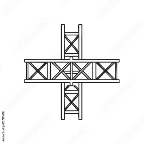 An architectural outline of a metal truss structure, showcasing a cross-shaped design with intricate support beams and a modern, industrial aesthetic.