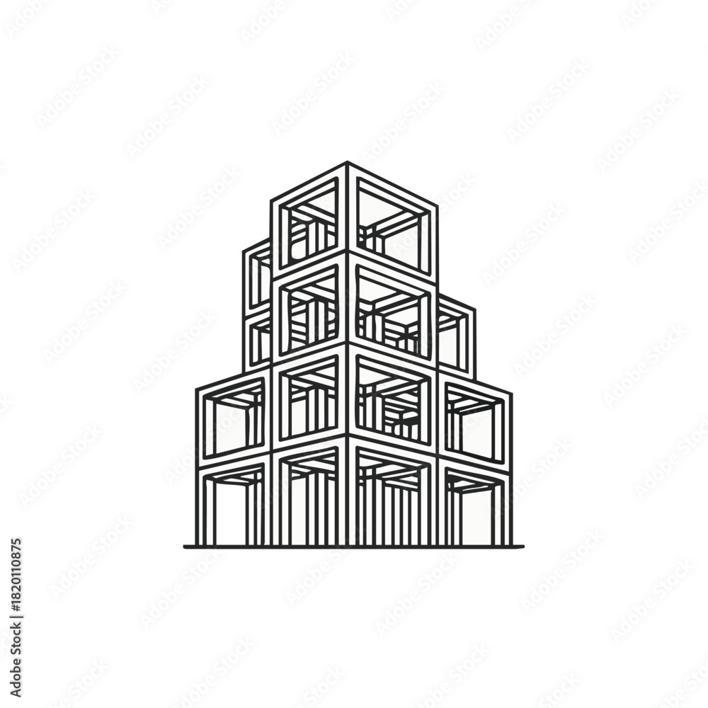 Fototapeta premium A modern architectural design featuring a geometric structure of interconnected square frames, creating a unique building outline.