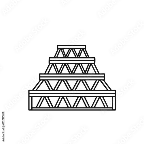 A minimalist black and white illustration of a tiered architectural structure, showcasing geometric shapes and a modern design aesthetic against a white background.