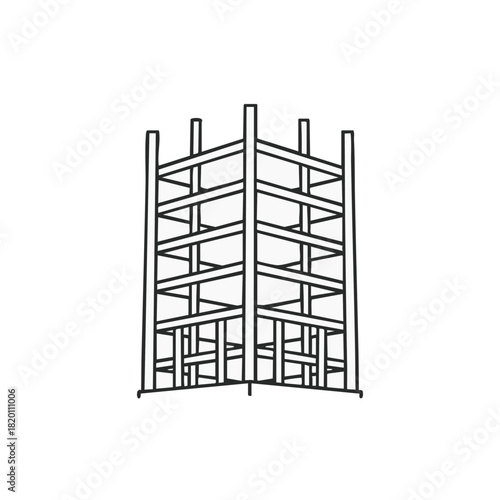 A minimalist black and white illustration depicts a stylized architectural structure, representing construction and urban development concepts.